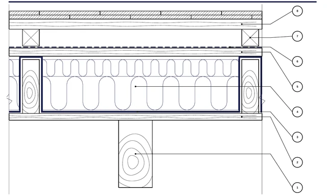 CAD detail ISO-ACO-04: Podkroví s viditelnými krokvemi — Gold v polích mezi krokvemi