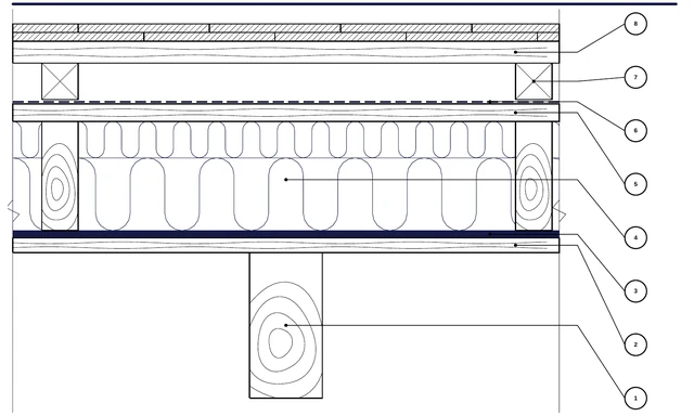 CAD detail ISO-ACO-05: Podkroví s viditelnými krokvemi — Gold napnutý na palubkách