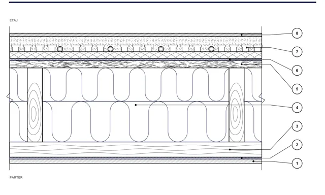 CAD detail ISO-PLA-02: Dřevěný mezipatrový strop — systém s deskami na pero a drážku