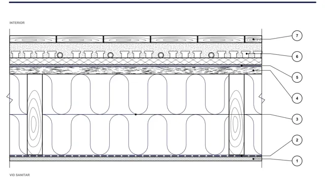 CAD detail ISO-PLA-05: Strop nad dutinou — systém s deskami na pero a drážku